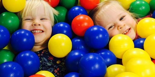 Twins playing in a ball pit