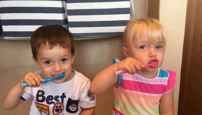 Twins brushing teeth