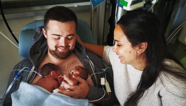 Roxy Cutajar with partner Chris and newborn twins, Harry and Oliver