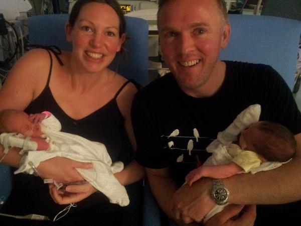 Hannah with partner and newborn twins